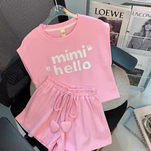 ชุดเซตเด็กผู้หญิงสีชมพู เสื้อแขนกุด+กางเกงขาสั้น