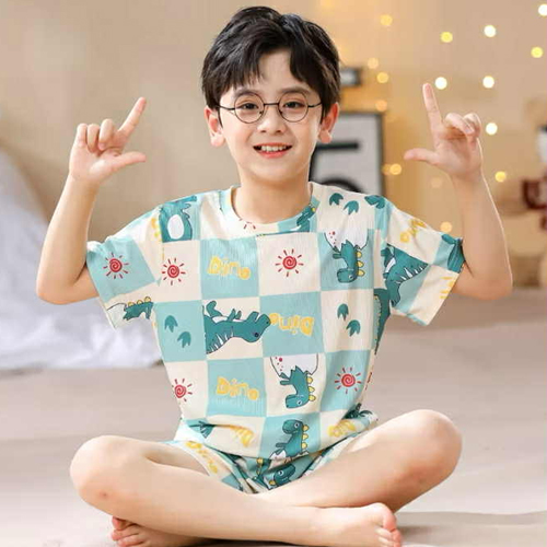 ชุดนอนเด็กโต สีพาสเทล ลายหมากรุก สกรีนไดโนเสาร์ ทีเรกซ์