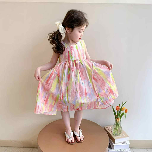 ชุดเดรส แขนกุดสีรุ้งชมพู