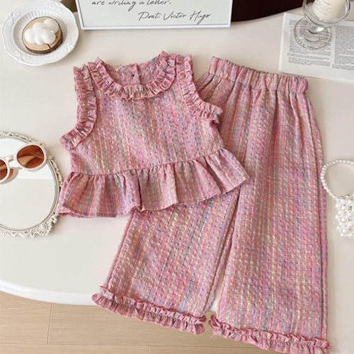 ชุดเซตเสื้อแขนกุด แต่งระบายชายเสื้อ+กางเกงขายาวสีชมพู